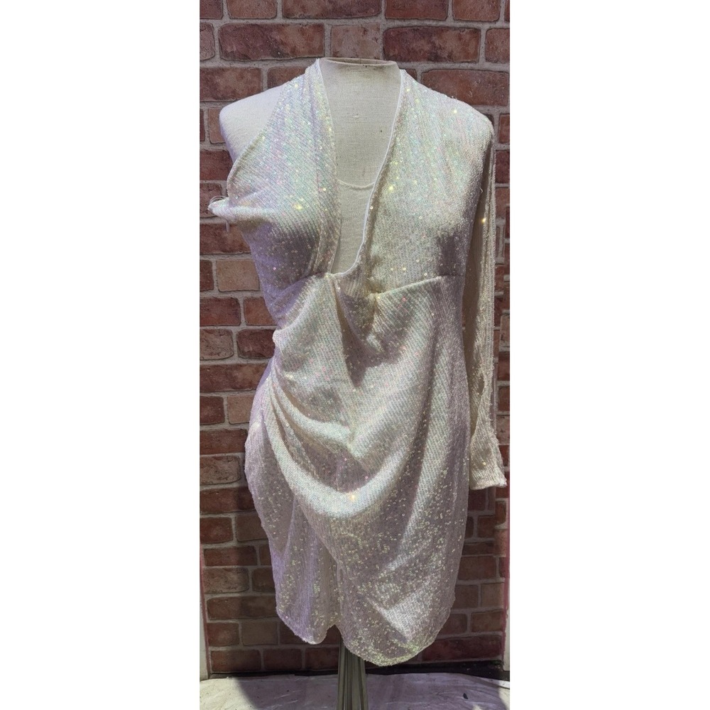 FASION NOVA‎ Women's All White Zip Up Formal One Sleeve SEQUIN DRESS SIZE 1X